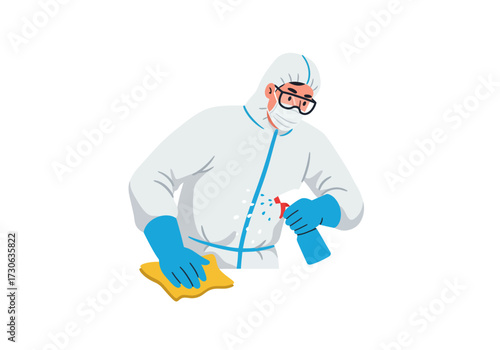 Person in PPE disinfecting with spray and cloth