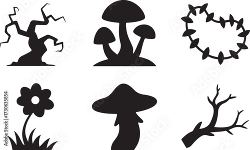 Dark flora fungi Halloween icon set silhouette vector