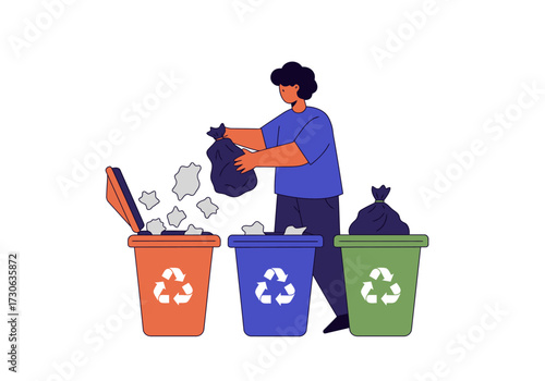 Person with trash  recycling bins of different colors