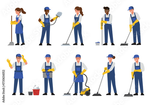 Ten workers are dressed in cleaning uniforms and engaged in various cleaning activities