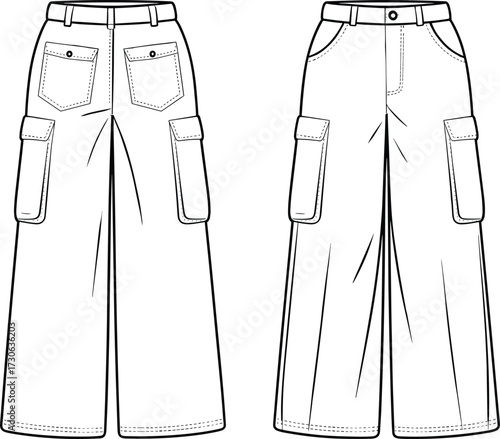 Vector fashion technical flat illustration of cargo pants with wide legs, flap patch pockets, slanted side pockets, waistband button fly closure