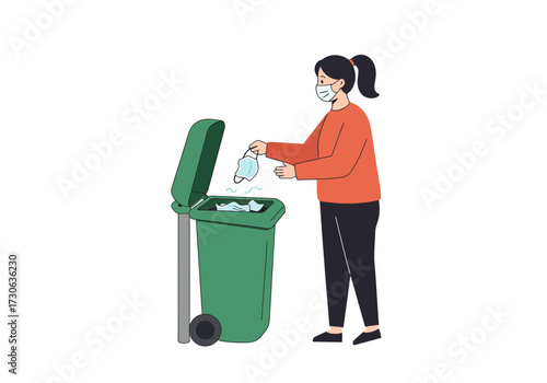 Woman in mask discarding mask into green trash can