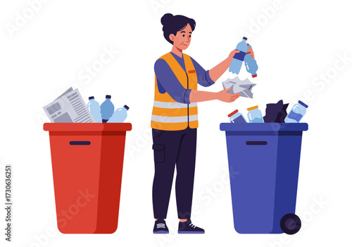 Woman sorts recyclables placing bottles and paper into colorcoded bins
