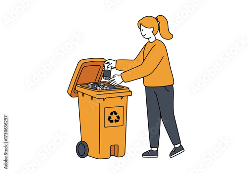 Woman recycling aluminum cans in orange bin with a recycle symbol