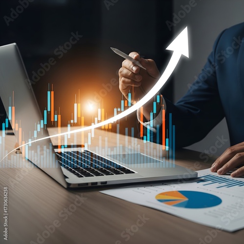 Business growth and financial success shown with upward arrow over laptop and charts