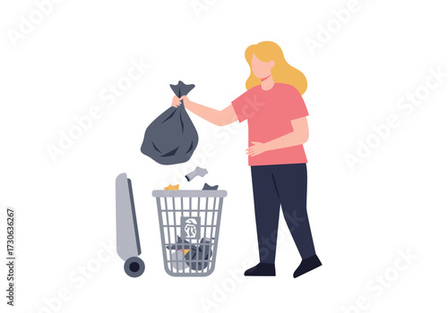 Woman throws garbage bag into a trash can with a lid maintaining a clean environment