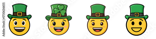 Four smiling emojis wearing green leprechaun hats for St. Patrick's Day  