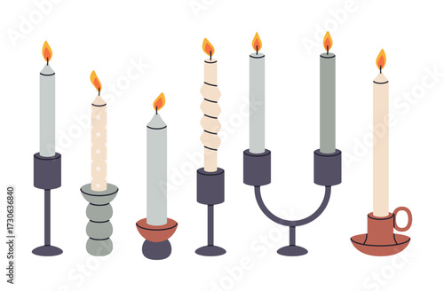 Candles in candlesticks. Cartoon wax scented candle, cute taper burning candles flat vector illustration set. Colorful aroma candles on white