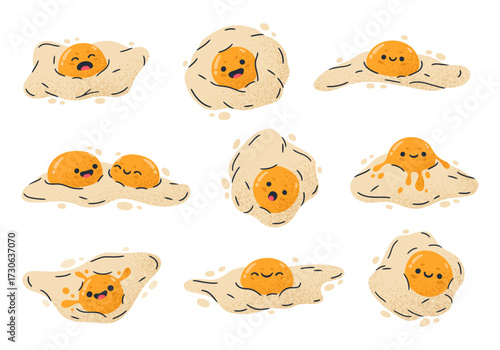 Chicken eggs characters. Funny fried eggs mascots, cute comic eggs for breakfast with facial emotions flat vector illustration set. Cartoon fried egg mascots