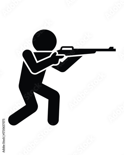 Stylized black and white icon of a person aiming a rifle vector illustration silhouette vector illustration white background