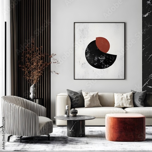 Chic Living Room Interior, White Sofa, Abstract Art, Striped Armchair, Orange Ottoman