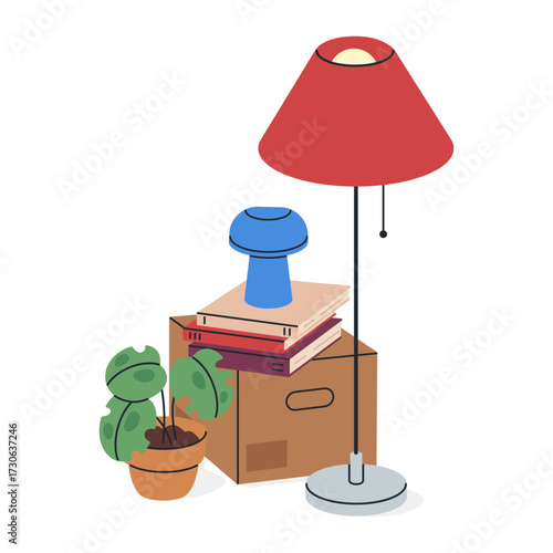 Moving stuff. Cardboard box with pot plants and books, stacked cargo moving box with personal goods flat vector illustration. New home moving box