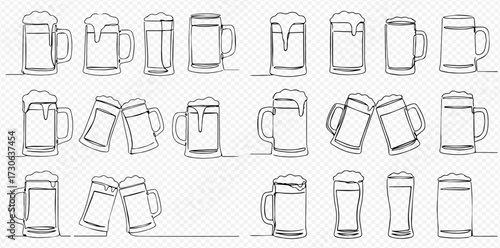 Continuous line drawing of beer mugs, some full with foam, some clinking together in celebration.