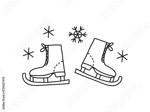 Winter sports. Ice skates. Hand-drawn line icons. Hand-drawn, sketched, and doodled black and white illustrations. Sports shoes, sports equipment.