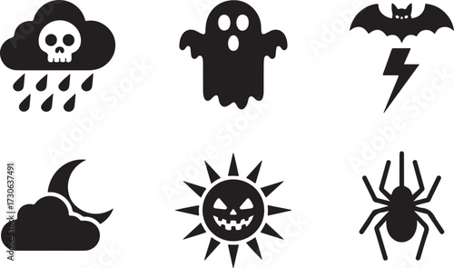 Halloween weather icon set skull cloud bat lightning silhouette vector