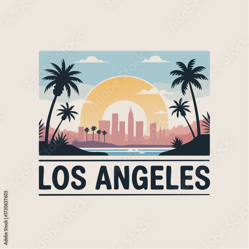 los angeles palm-lined skyline hollywood hills silhouette sunny pastel palette bold sans-serif editable los angeles text souvenir mug design ideal for giftware and keepsakes scalable vector