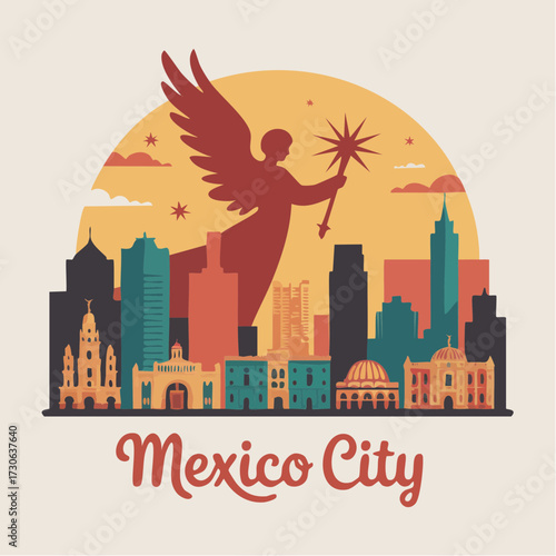 mexico city festive skyline angel of independence silhouette bright colors decorative serif editable mexico city text souvenir poster design for cultural events tourism and print scalable vector