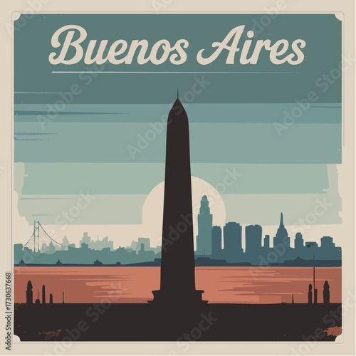 buenos aires vintage skyline obelisk silhouette muted palette elegant serif editable buenos aires text postcard souvenir design ideal for travel prints and keepsakes scalable vector