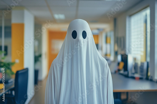 Halloween atmosphere at workstation, corporate party decorated office space, Generative AI