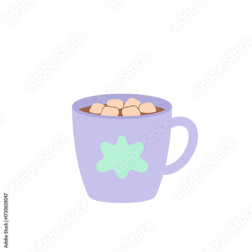 Hot chocolate with marshmallows in a purple mug on white background  