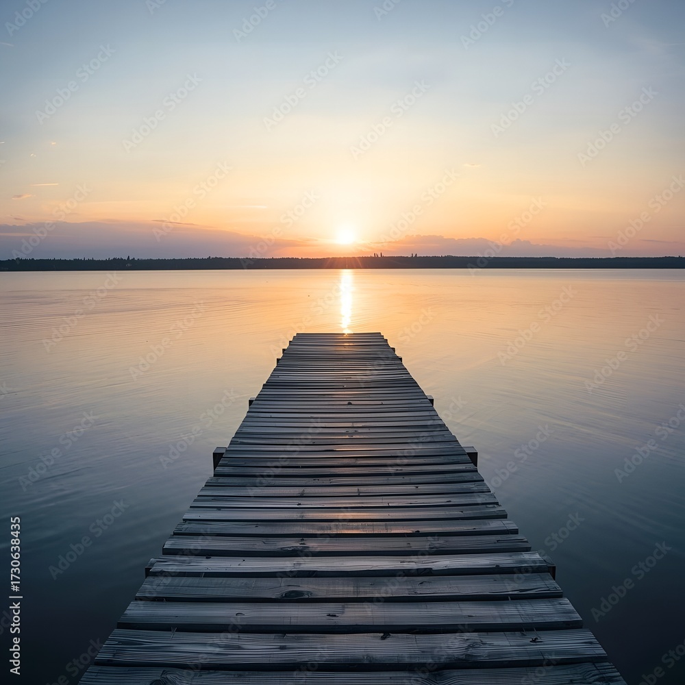 Naklejka premium Tranquil wooden pier leads to a serene sunset over a calm lake landscape at dawn