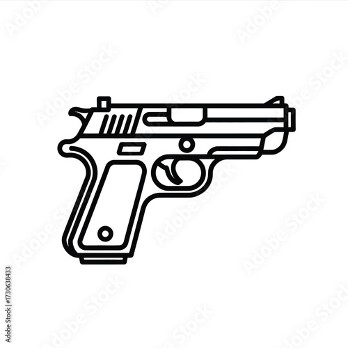 Stylized line art illustration of a semi-automatic pistol for vector graphics projects silhouette vector illustration white background