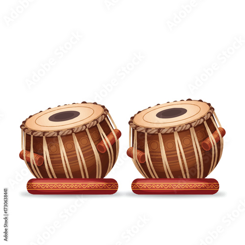 Exquisite Flat 2D Vector Illustration of Traditional Indian Tabla Drums Pair on White Background - Cultural Percussion Instrument Art