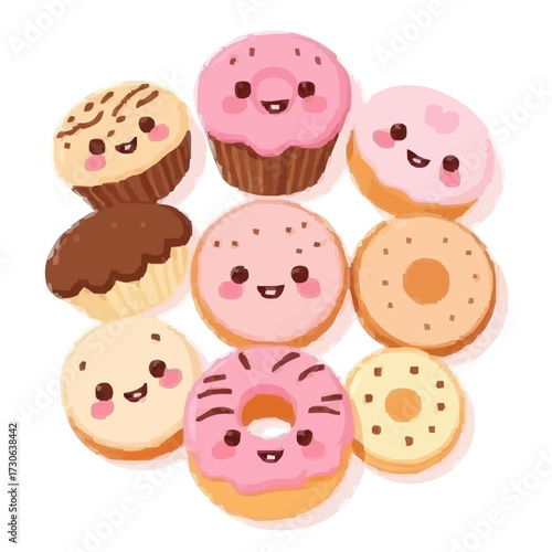 Flat 2D vector illustration of donuts, muffins, and cookies with kawaii faces, pastel colors, clean white background.