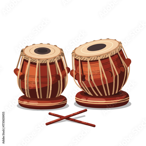 Vibrant Flat 2D Vector Illustration of a Tabla Drum Set with Drumsticks - Indian Percussion Art on White