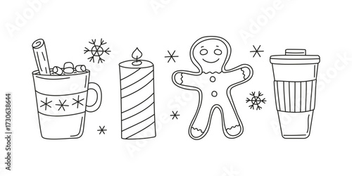 A cup of coffee, a hot drink with a cinnamon stick. Gingerbread man. A mug of tea. A burning candle. Winter season. A cozy set of linear icons. Hand lettering. Drawing, doodles.