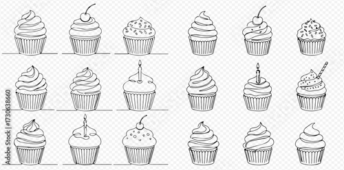 Hand-drawn illustration of various cupcakes with different toppings like cherries, sprinkles, and candles.