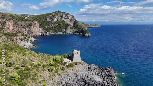 Amazing mediterranean seascape near Marina di Camerota during a sunny summer day. Cilento, Campania, Italy.