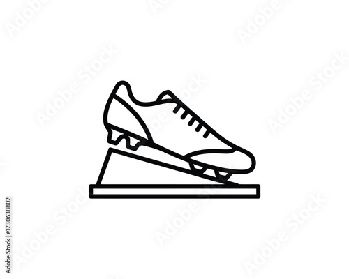 Simple black and white line drawing of a soccer cleat on a platform vector graphic silhouette vector illustration white background
