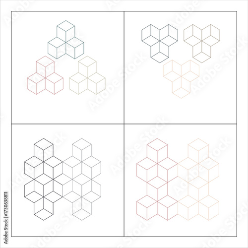 Vector illustration featuring an arrangement of cubes in isometric perspective with variations in patterns, structural configurations, and color schemes