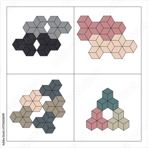 Vector illustration featuring an arrangement of cubes in isometric perspective with variations in patterns, structural configurations, and color schemes