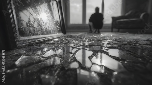 Somber Reflection in a Room with Broken Glass and Dim Light