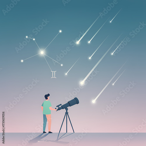 Man observing meteors through telescope under Gemini constellation  