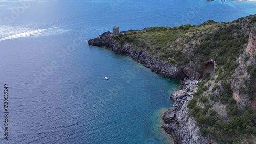 Amazing mediterranean seascape near Marina di Camerota during a sunny summer day. Cilento, Campania, Italy.