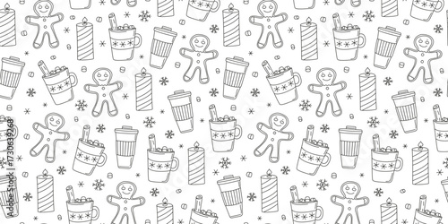 Pattern. Cup of coffee, hot drink with cinnamon stick. Gingerbread man. Mug of tea. Burning candle. Winter season. Cozy set of doodles. Seamless background.