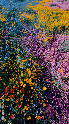 Colorful wildflower field aerial view vibrant yellow purple orange and blue blossoms create cheerful natural landscape springtime nature outdoor blooming scenic beauty