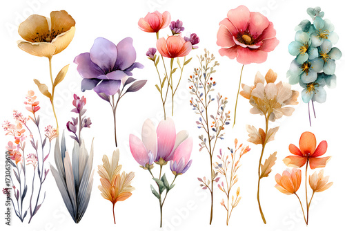 Wallpaper Mural Watercolor floral stem collection hand-painted botanical art flower accent bouquet. Isolated on transparent.

 Torontodigital.ca