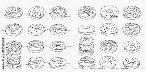 Line art illustration of assorted donuts, some stacked, with various toppings and a bite taken out of one.