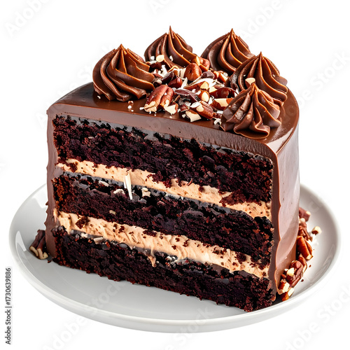 Slice of Chocolate Delight: A decadent slice of chocolate cake, layered with rich frosting and adorned with decorative details. A feast for the eyes, a taste of pure indulgence