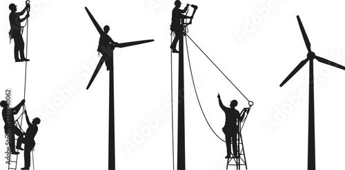 Wind turbine workers performing installation, repair, and maintenance tasks with safety equipment, ropes, ladders, and silhouettes of renewable energy structures