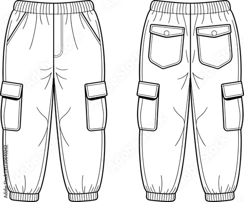 Vector fashion technical flat illustration of cargo pants with elastic waistband, flap button pockets, side cargo pockets, elastic cuffs, back pockets