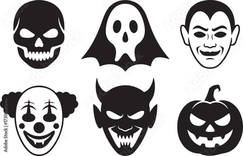 Haunted mask Halloween icon set silhouette vector