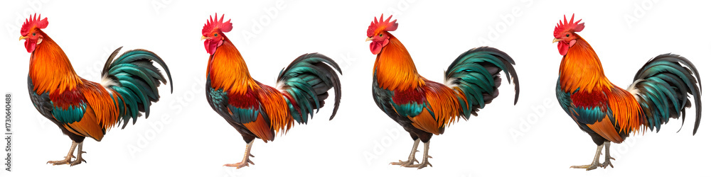 Fototapeta premium Four colorful roosters isolated on transparent background