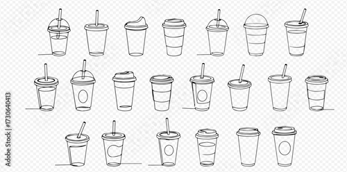 Collection of hand-drawn disposable coffee cups and drink containers with lids and straws in a line art style.