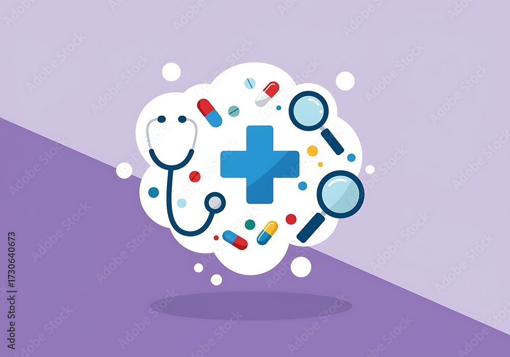 Obraz premium Modern Healthcare and Medicine Illustration with Stethoscope Pills and Magnifying Glass on Creative Purple Background