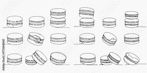 A collection of hand-drawn style macarons in various arrangements, some stacked and others single, on a light background.